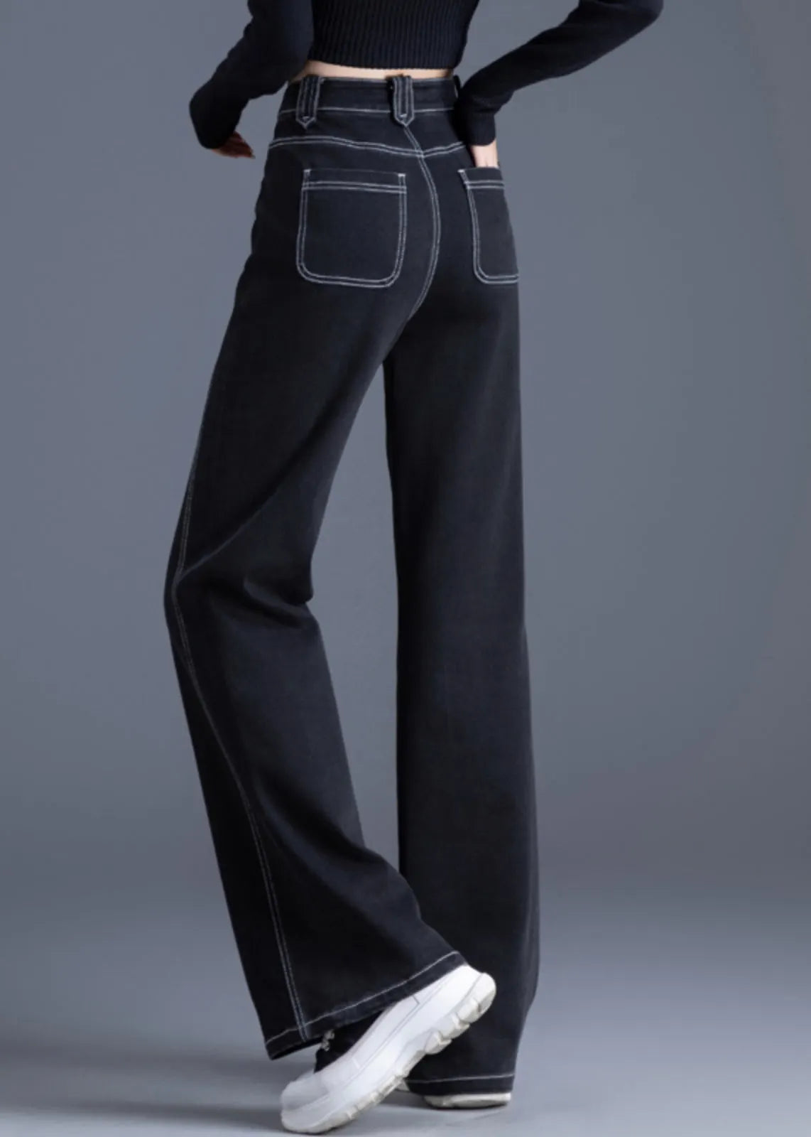 Silm Fit Black Pockets Patchwork Warm Fleece Denim Bell-bottom Trousers Winter