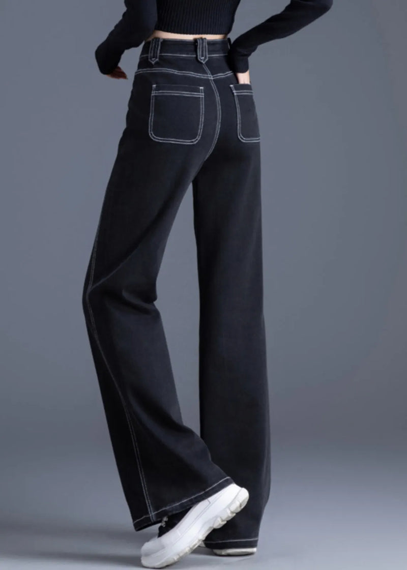Silm Fit Black Pockets Patchwork Warm Fleece Denim Bell-bottom Trousers Winter