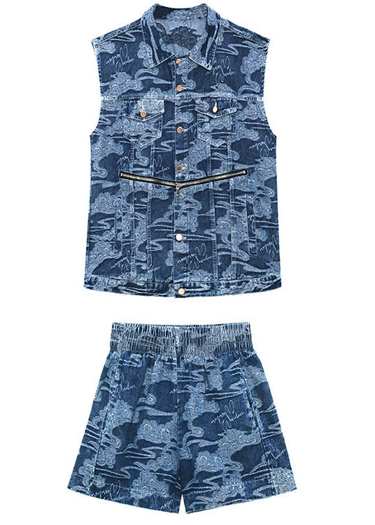 Denim Blue Loose Button Zippered Print Fall Two Piece Set Clothing Sleeveless
