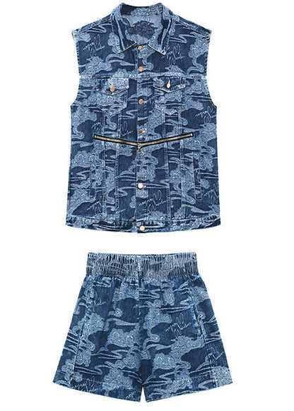Denim Blue Loose Button Zippered Print Fall Two Piece Set Clothing Sleeveless