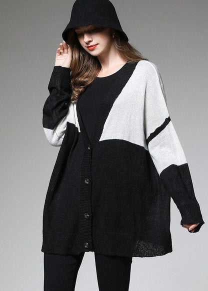 Colorblock Button V Neck Knit Fall Loose Short Cardigans