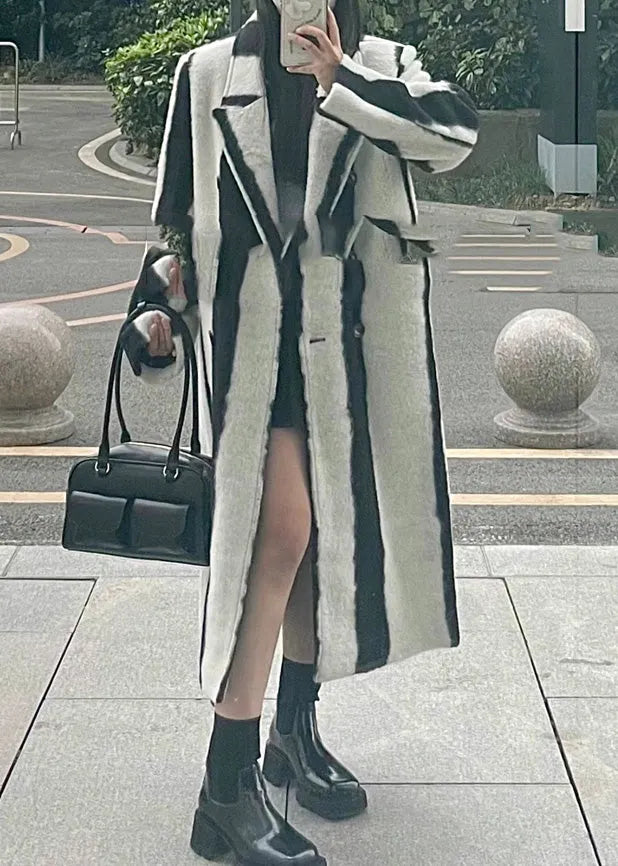 Black White Striped Notched Button Woolen Maxi Coats Winter