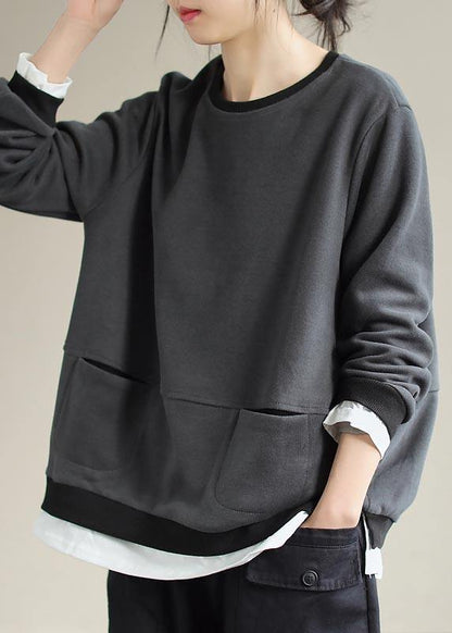 Loose O Neck False Two Pieces Spring Shirts Christmas Gifts Gray Blouses