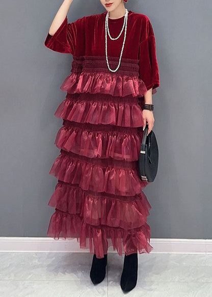 Organic Red O-neck Tulle Patchwork Silk Velour Maxi Dress Bracelet Sleeve
