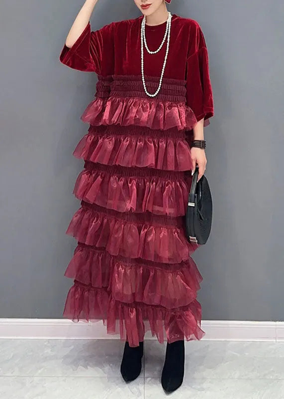 Organic Red O-neck Tulle Patchwork Silk Velour Maxi Dress Bracelet Sleeve