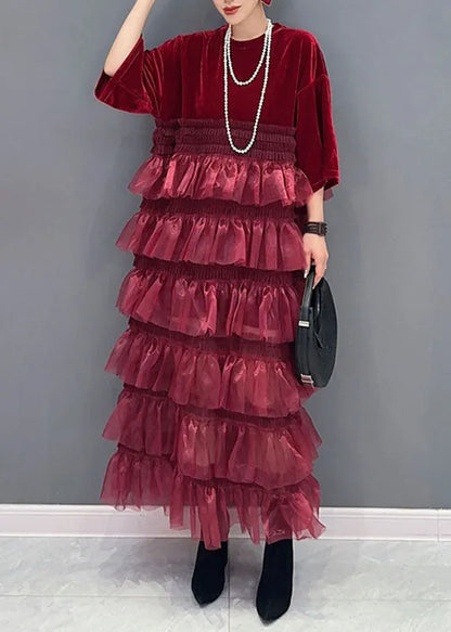 Organic Red O-neck Tulle Patchwork Silk Velour Maxi Dress Bracelet Sleeve