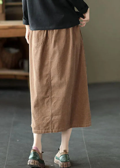 Khaki Elastic Waist Button Pockets Corduroy Skirts Spring