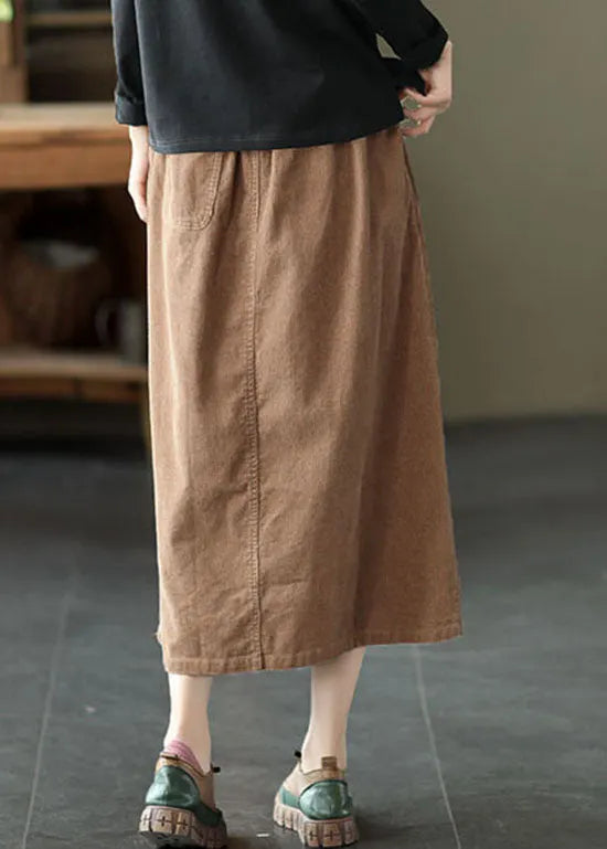 Khaki Elastic Waist Button Pockets Corduroy Skirts Spring