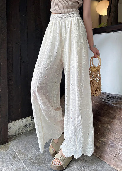 White Embroidered Hollow Out Cotton Pants Summer