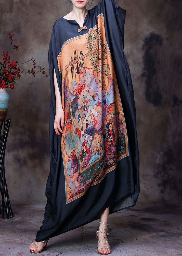 Black V Neck Print Party Long Dress for Batwing Sleeve