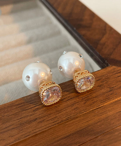 Brief White Copper Inlaid Zircon Pearl Stud Earrings