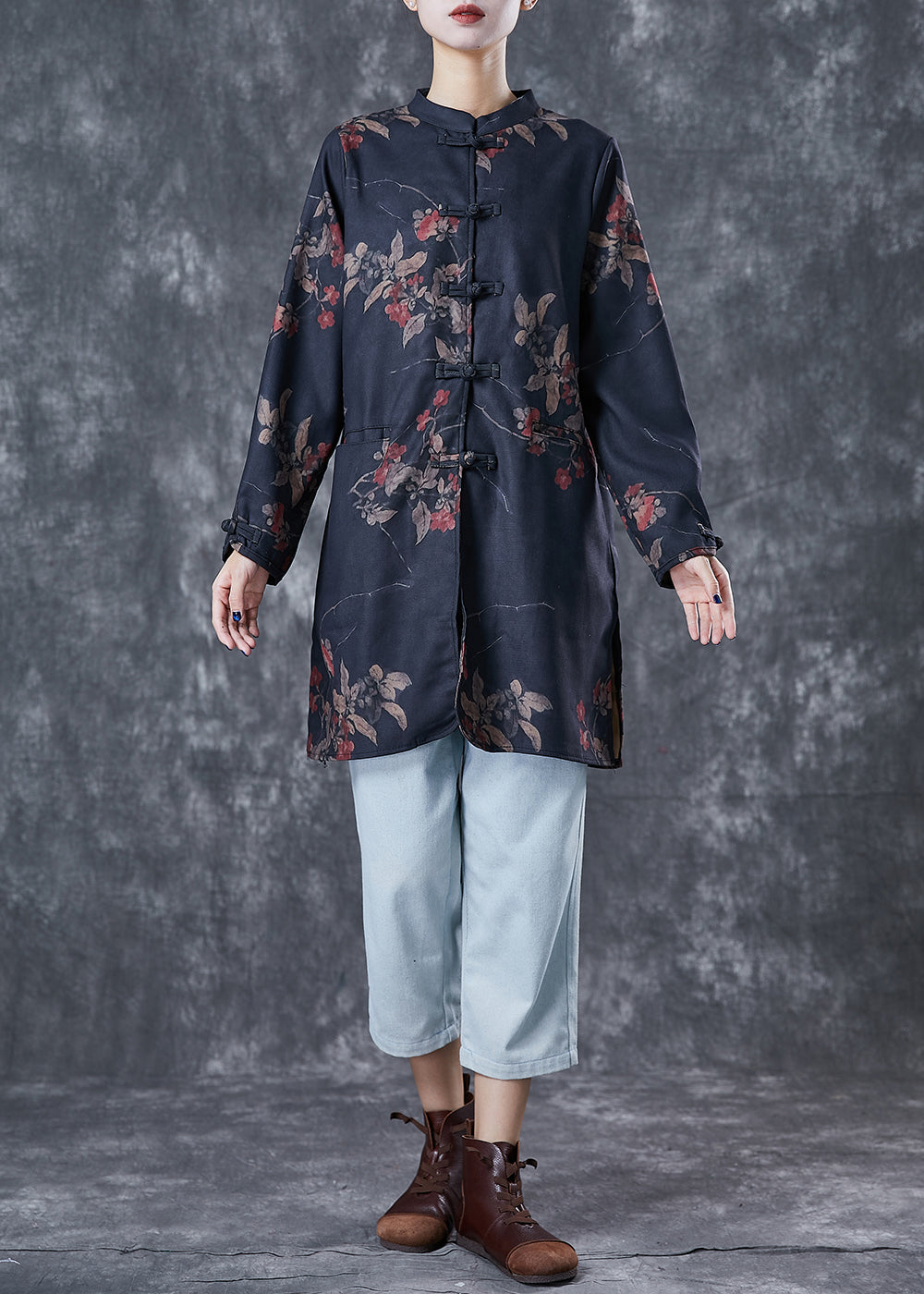 Black Tie Dye Chinese Button Linen Blouses Fall