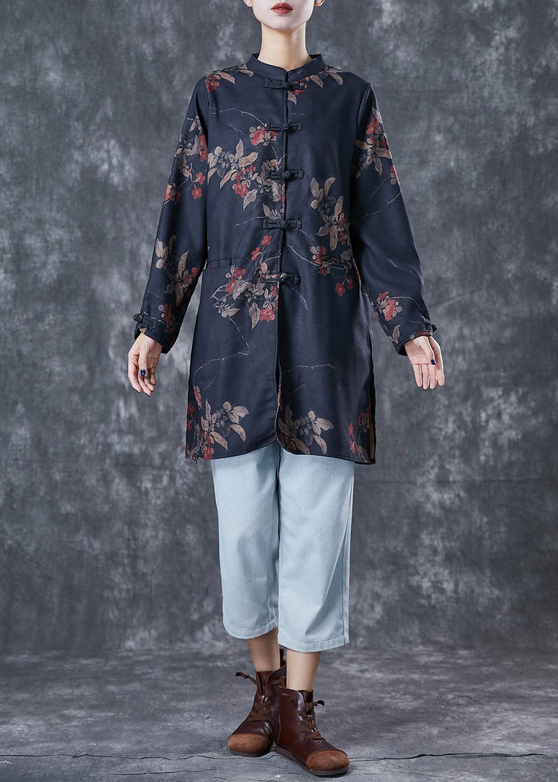 Black Tie Dye Chinese Button Linen Blouses Fall