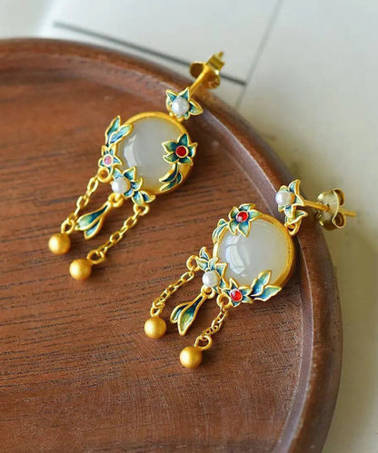 Modern Green Sterling Silver Inlaid Hetian Jade Agate Pearl Drop Earrings