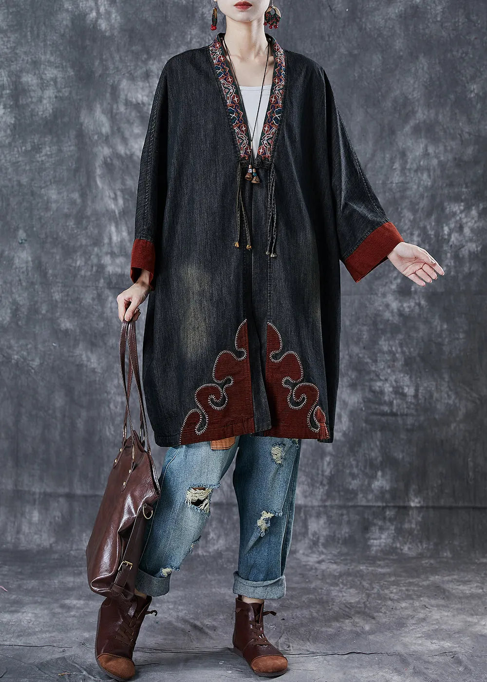 Black Embroidered Patchwork Denim Coats Spring