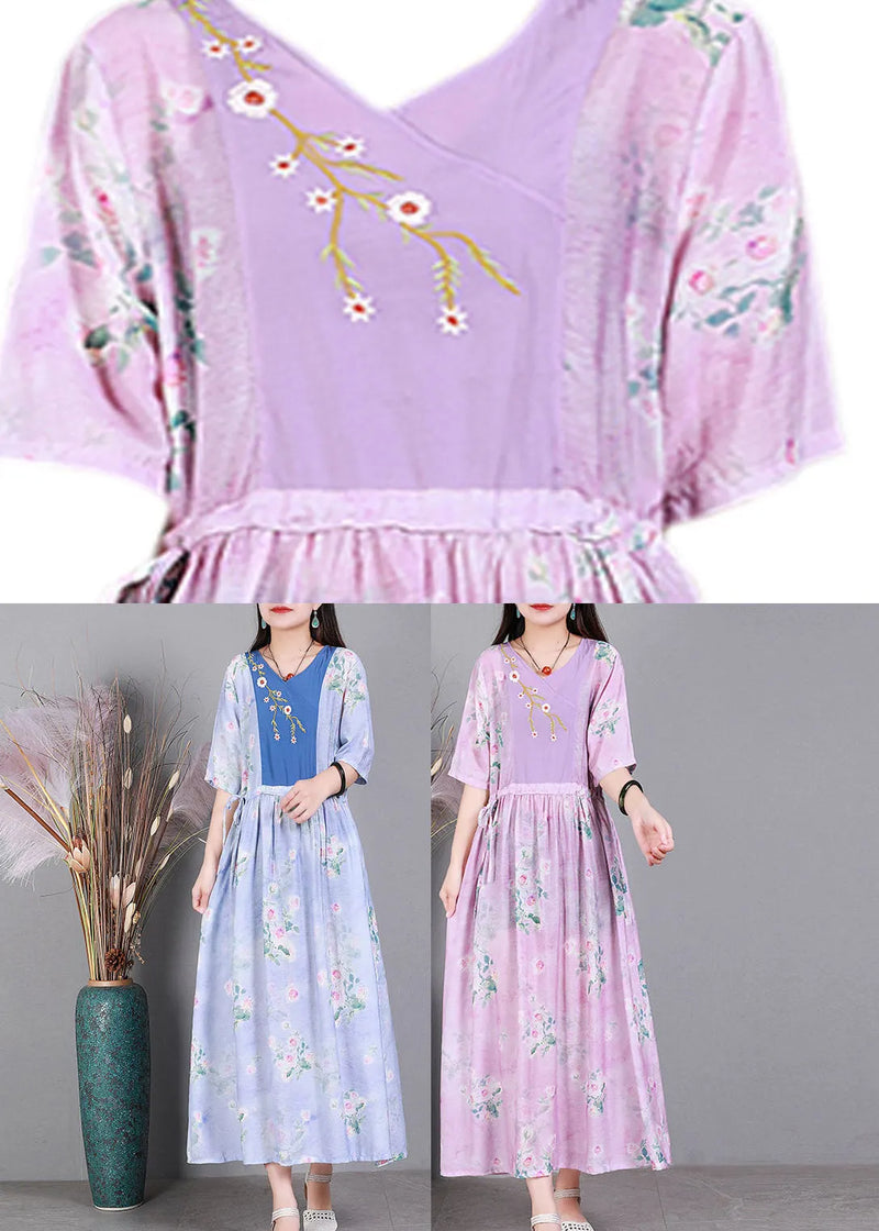 Vogue Blue V Neck Embroideried Print Patchwork Silk Holiday Dress Short Sleeve