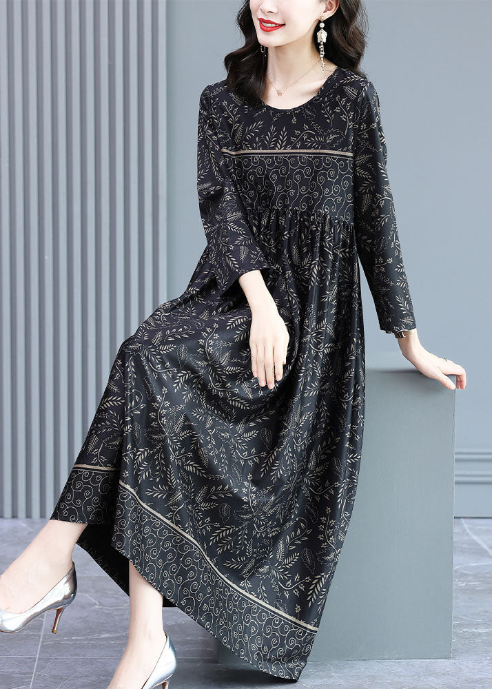 Black O-neck Wrinkled Print Silk Long Dress Long Sleeve