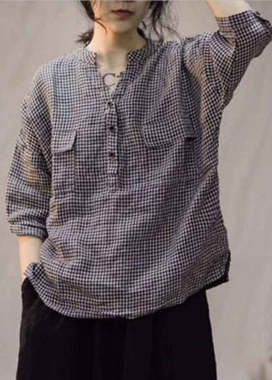 Fitted Large Lattice V Neck Button Loose Linen Shirt Spring