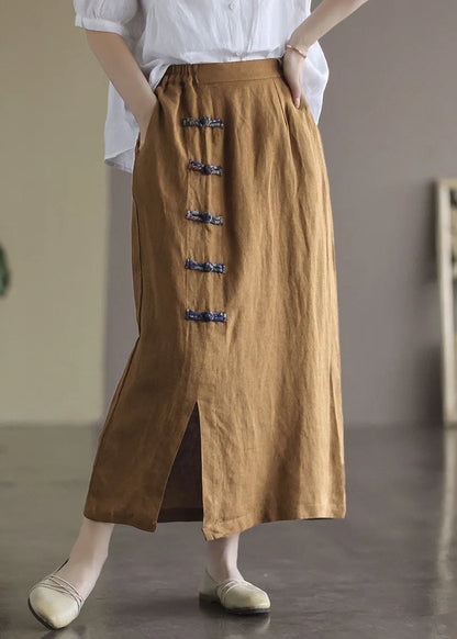 Brown Elastic Waist Side Open Linen Skirt Summer