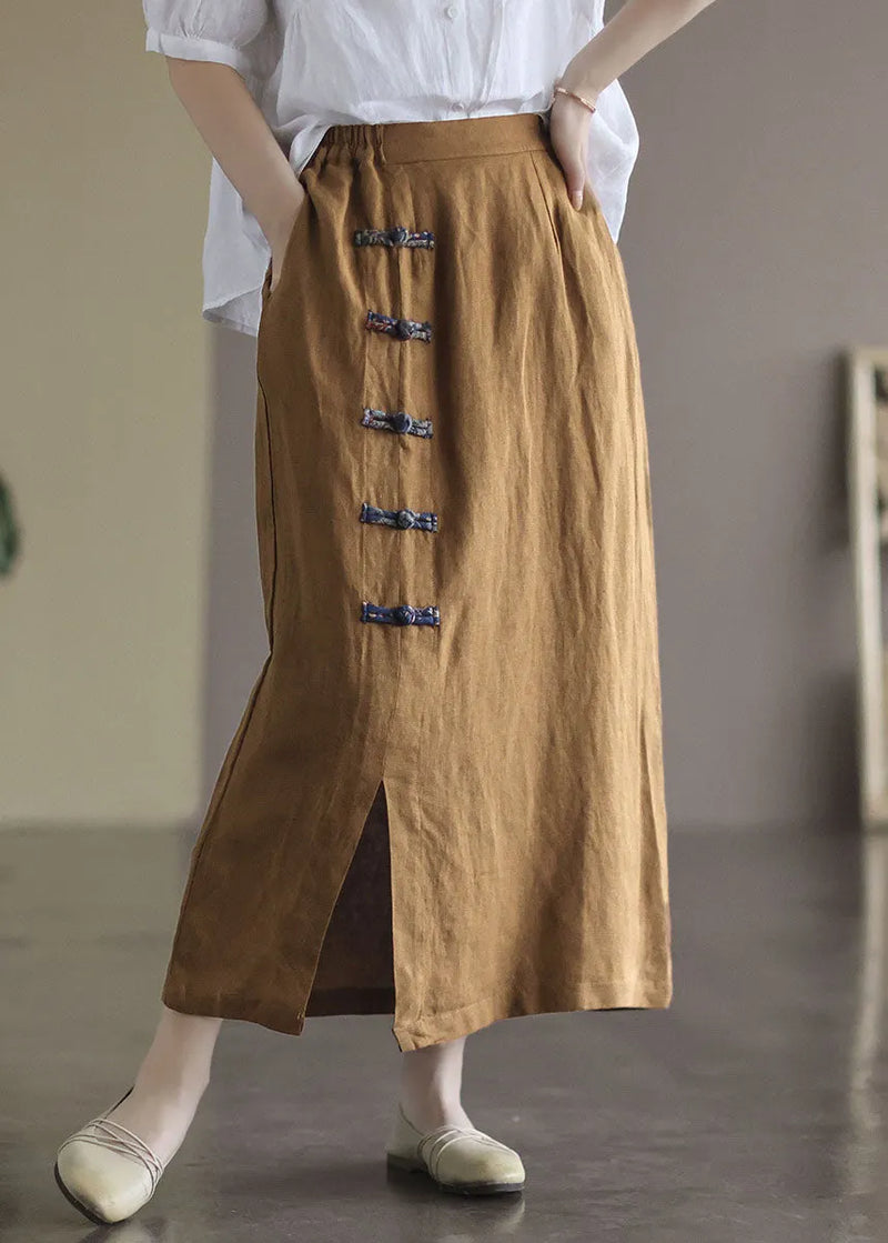 Brown Elastic Waist Side Open Linen Skirt Summer