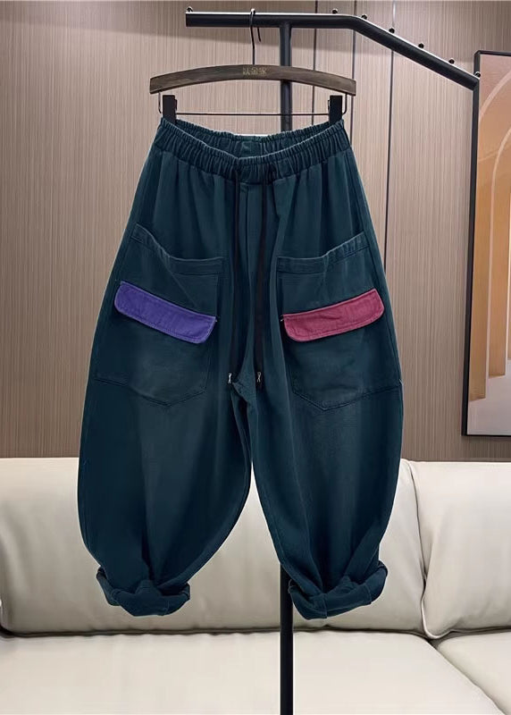 Rose Purple Pockets Elastic Waist Denim Harem Pants Fall