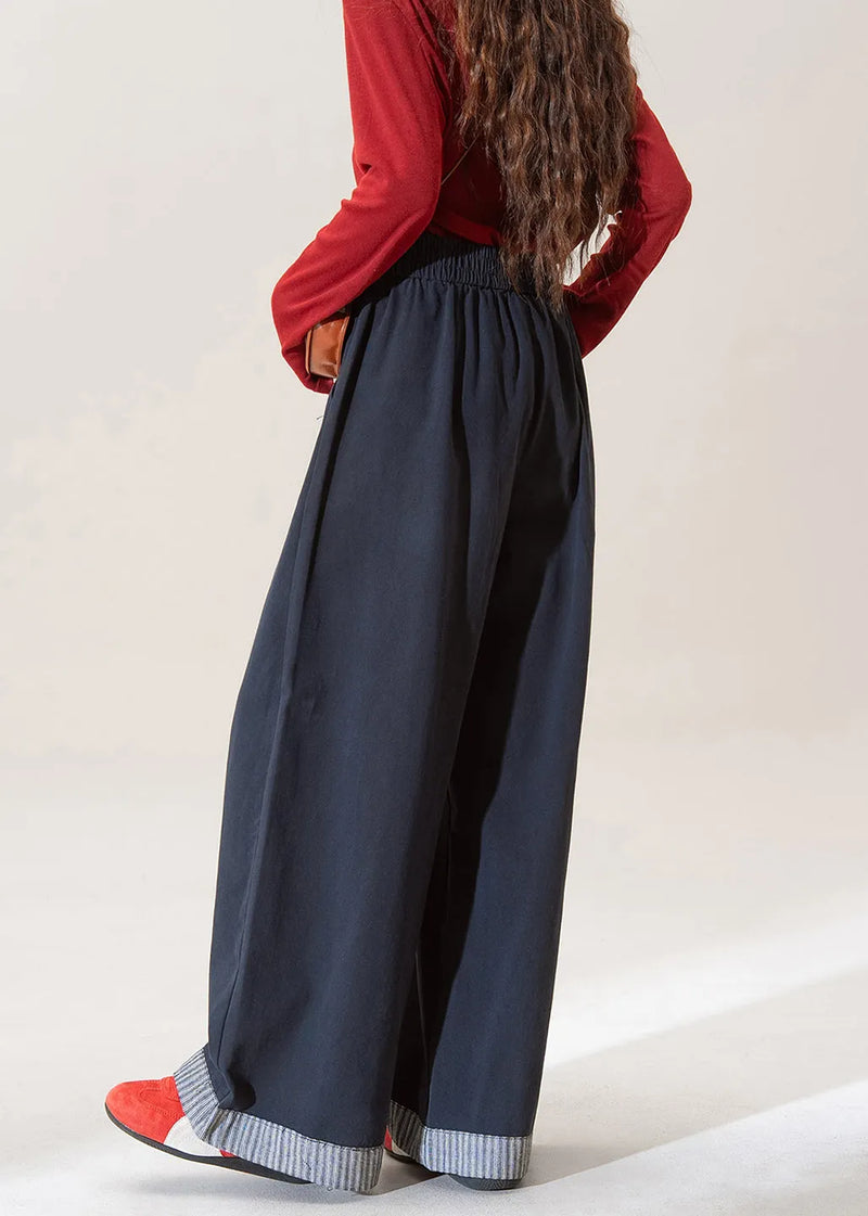Stylish Blue Elastic Waist Patchwork Denim Wide Leg Pants Spring