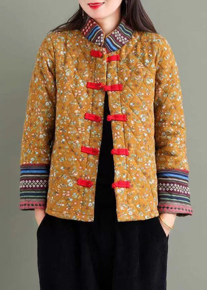 Yellow Stand Collar Print Fine Cotton Filled Puffers Jackets Winter