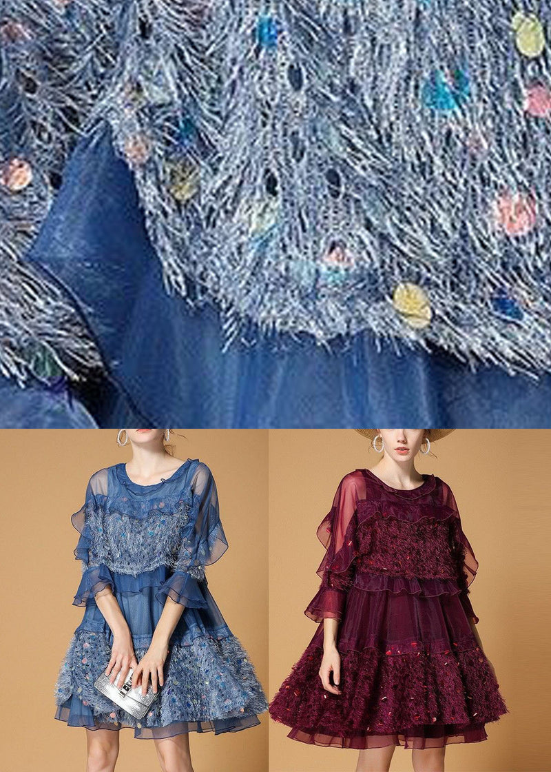 Mulberry Patchwork Tulle Dress Sequins Hollow Out Half Sleeve