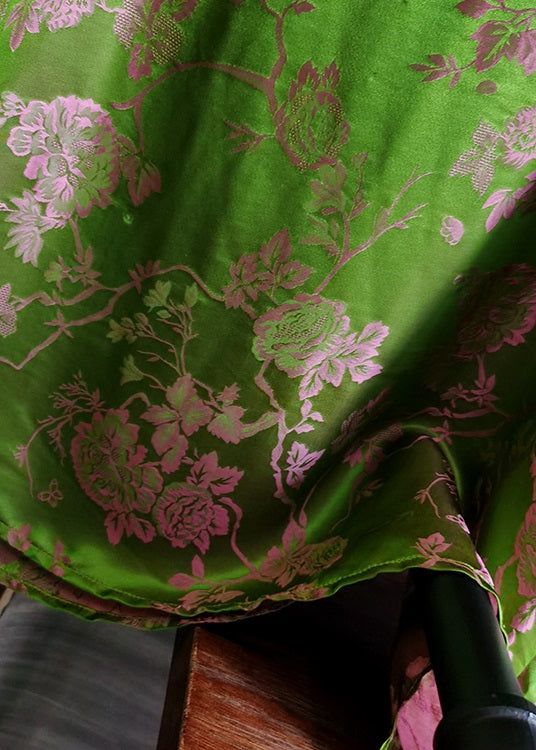 Green Stand Collar Patchwork Jacquard Silk Tops Spring