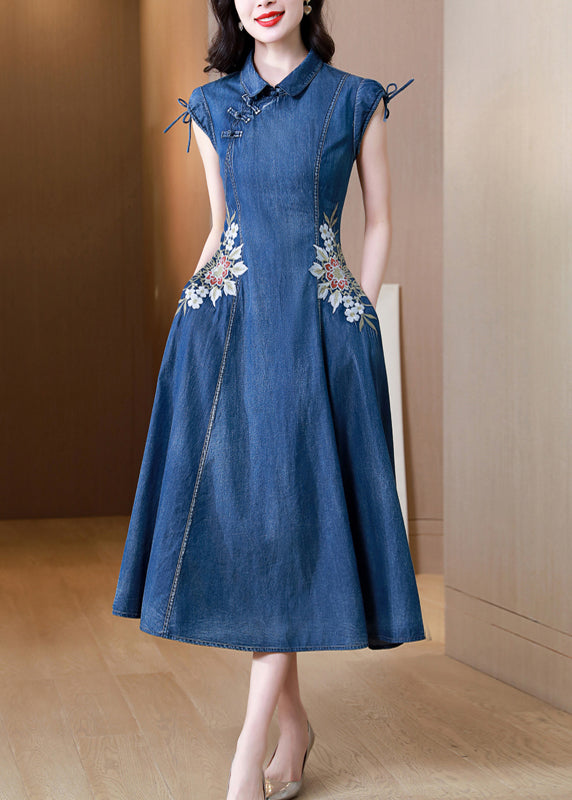 Blue Embroideried Pockets Patchwork Denim Dresses Summer