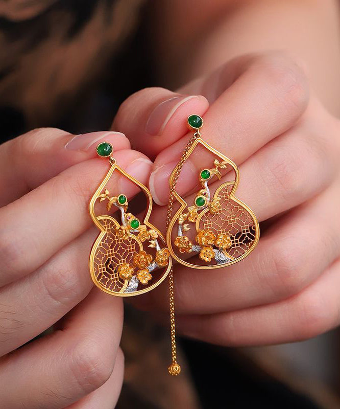 Gold Sterling Silver Overgild Jade Hollowed Out Drop Earrings
