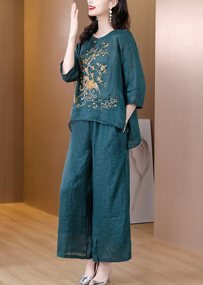 Blackish Green Embroidered Low High Design Linen Two Pieces Set Spring
