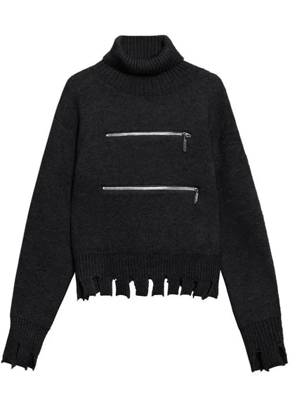 Black Zippered Tasseled Fall Sweater