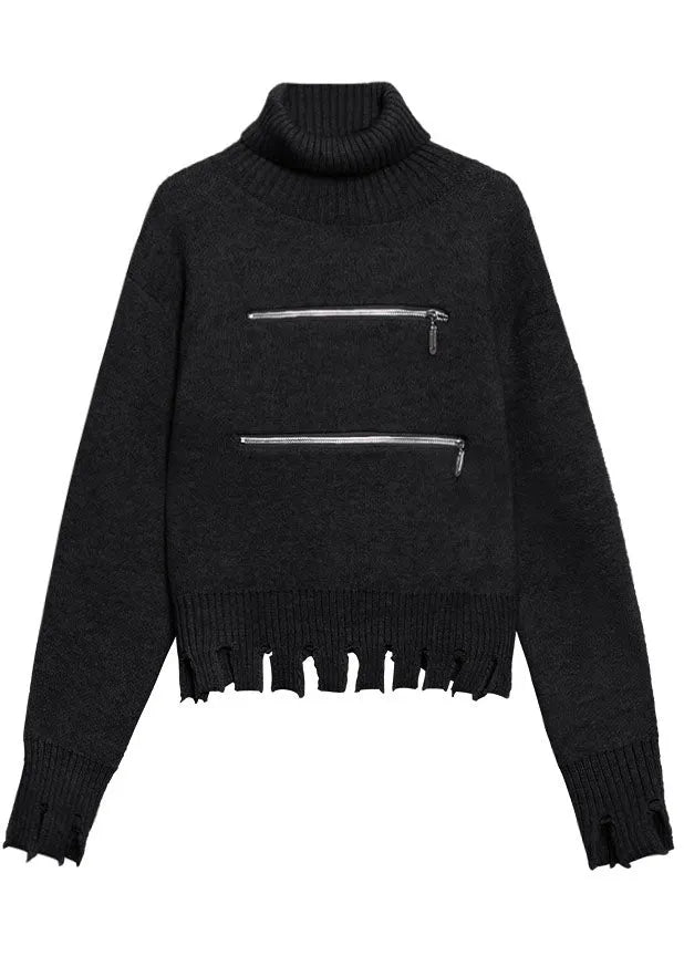 Black Zippered Tasseled Fall Sweater