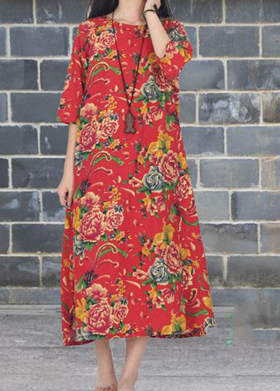 Loose Red O-neck Print Side Open Long Dress Half Sleeve