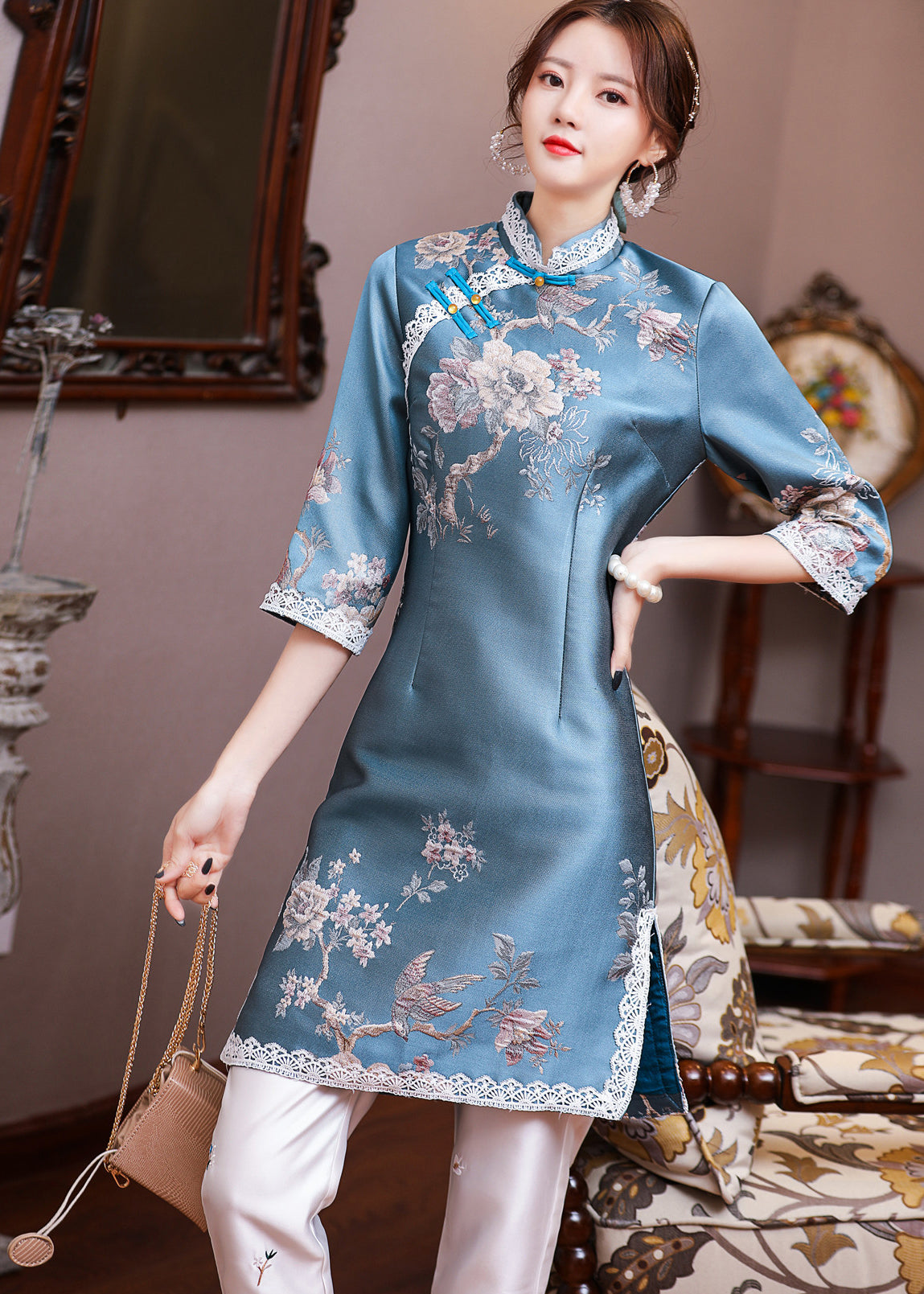 Jacquard Blue Stand Collar Side Open Button Satin Cheongsam Mid Dress Long Sleeve