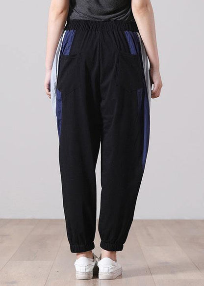Black Elastic Waist Pockets Sports Cotton Pants