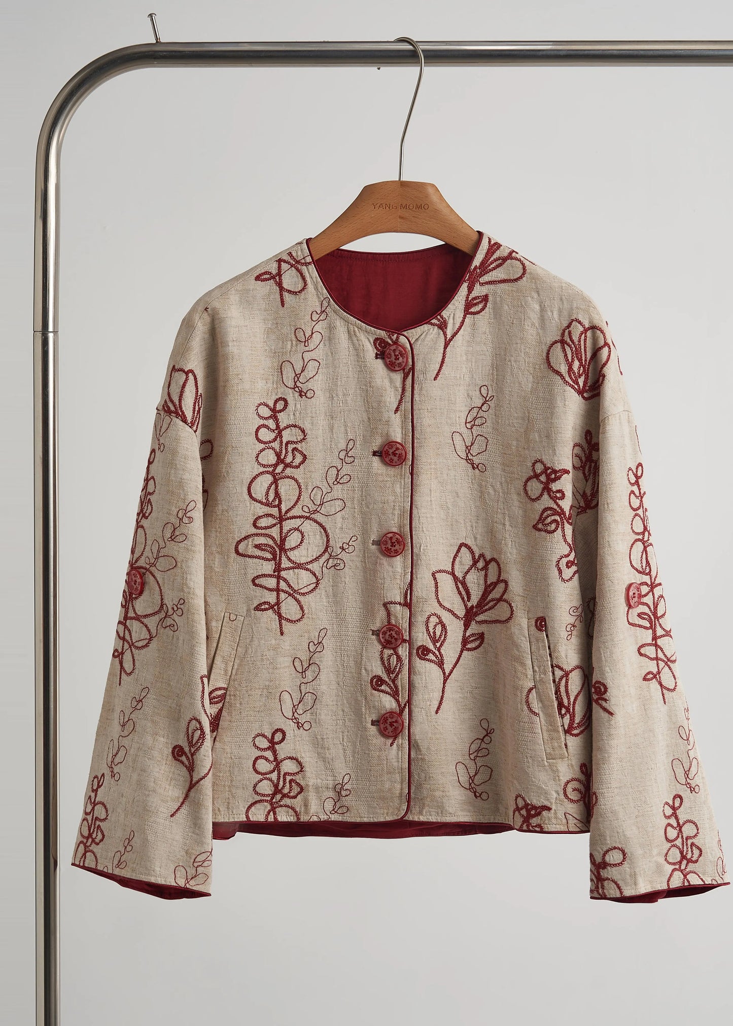 Beige Embroidered Pockets Linen Coats Fall