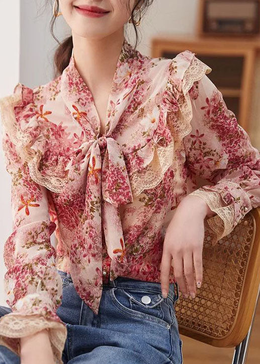 Print Bow Lace Patchwork Chiffon Shirt Tops Spring