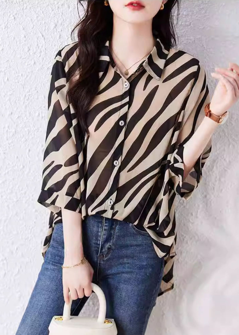 Brown Oversized Striped Chiffon Shirt Top Summer