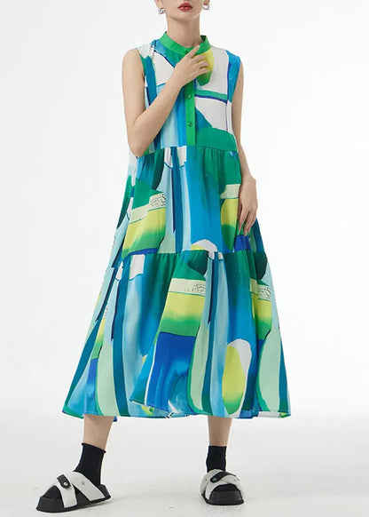 Green Stand Collar Print Patchwork Cotton Party Long Dresses Sleeveless