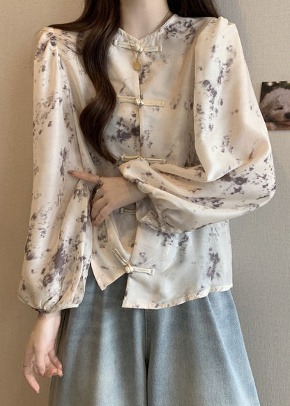 Apricot Chinese Button Tie Dye Silk Blouse Top Fall