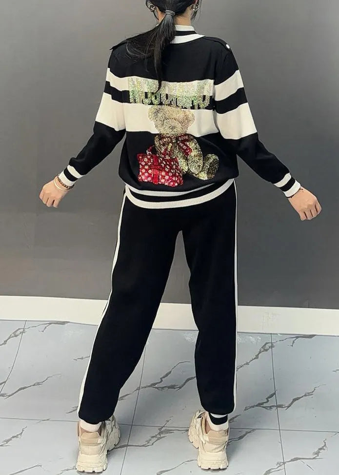Vogue Black Turtleneck Patchwork Coats and Beam Pants Two Pieces Set Spring