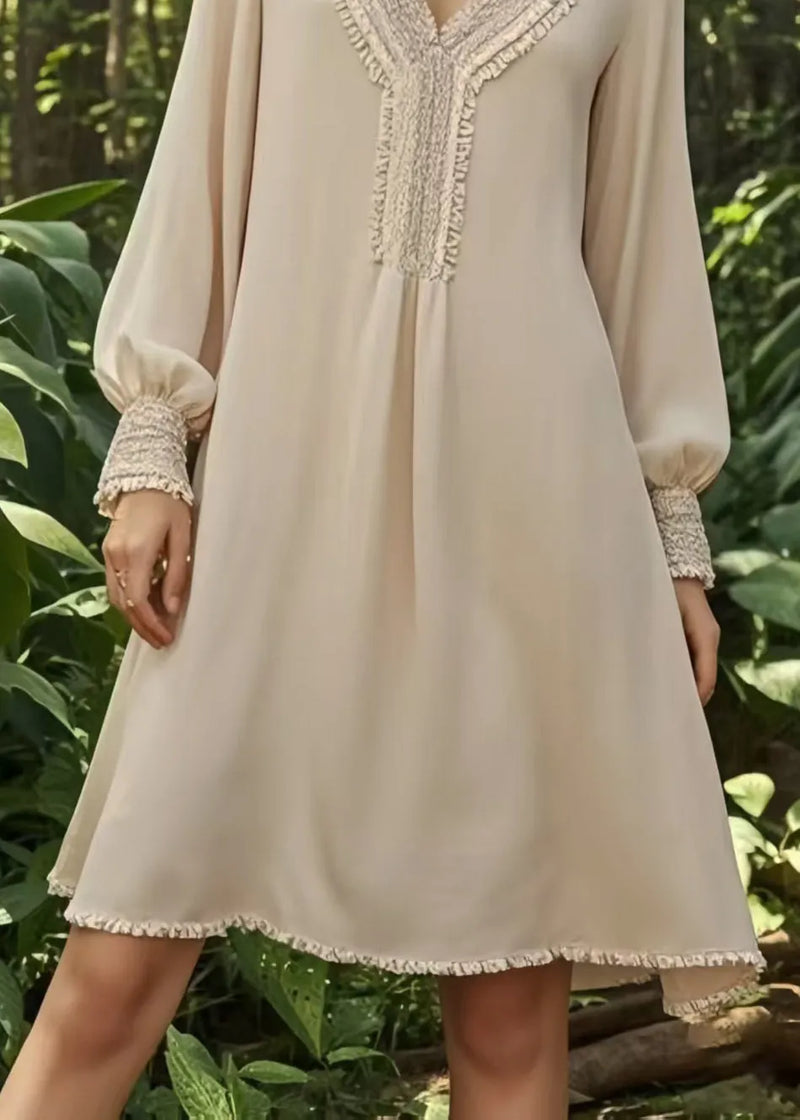 Handmade Apricot V Neck Draping Chiffon Day Dress Spring