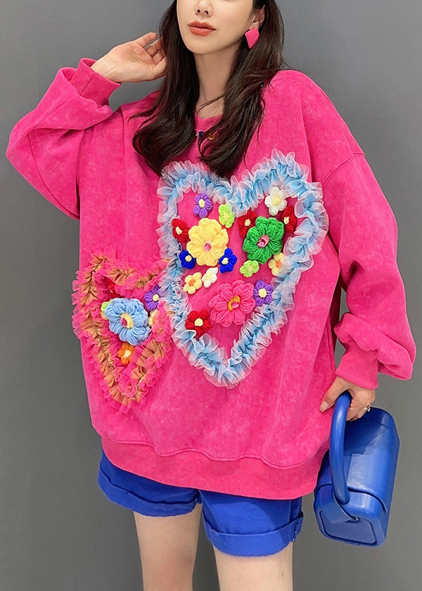 Rose O Neck Tullepatchwork Cotton Sweatshirt Long Sleeve
