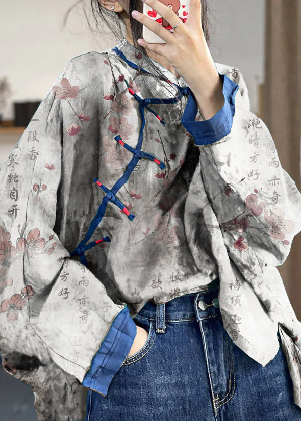 Loose Gray Bamboo Button Print Patchwork Cotton Shirts Long Sleeve