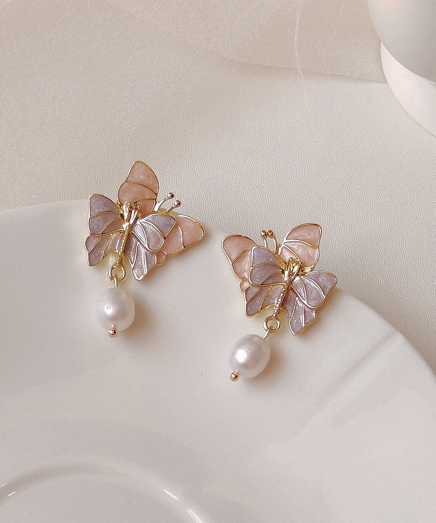 Colorblock Sterling Silver Overgild Pearl Butterfly Drop Earrings