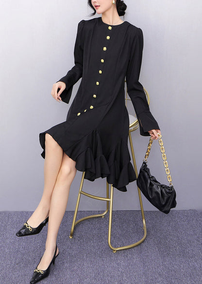 Original Black O-neck Button Long Dresses Flare Sleeve Spring