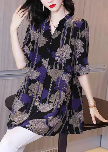Black Button Peter Pan Collar Print Chiffon Shirt Tops Half Sleeve