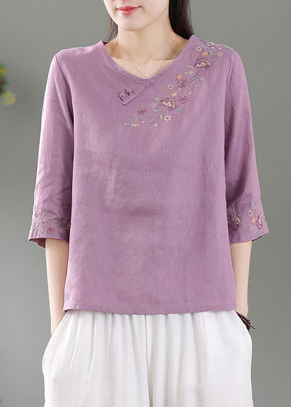 Purple Patchwork Linen Shirt Top O-neck Embroideried Three Quarter Sleeve